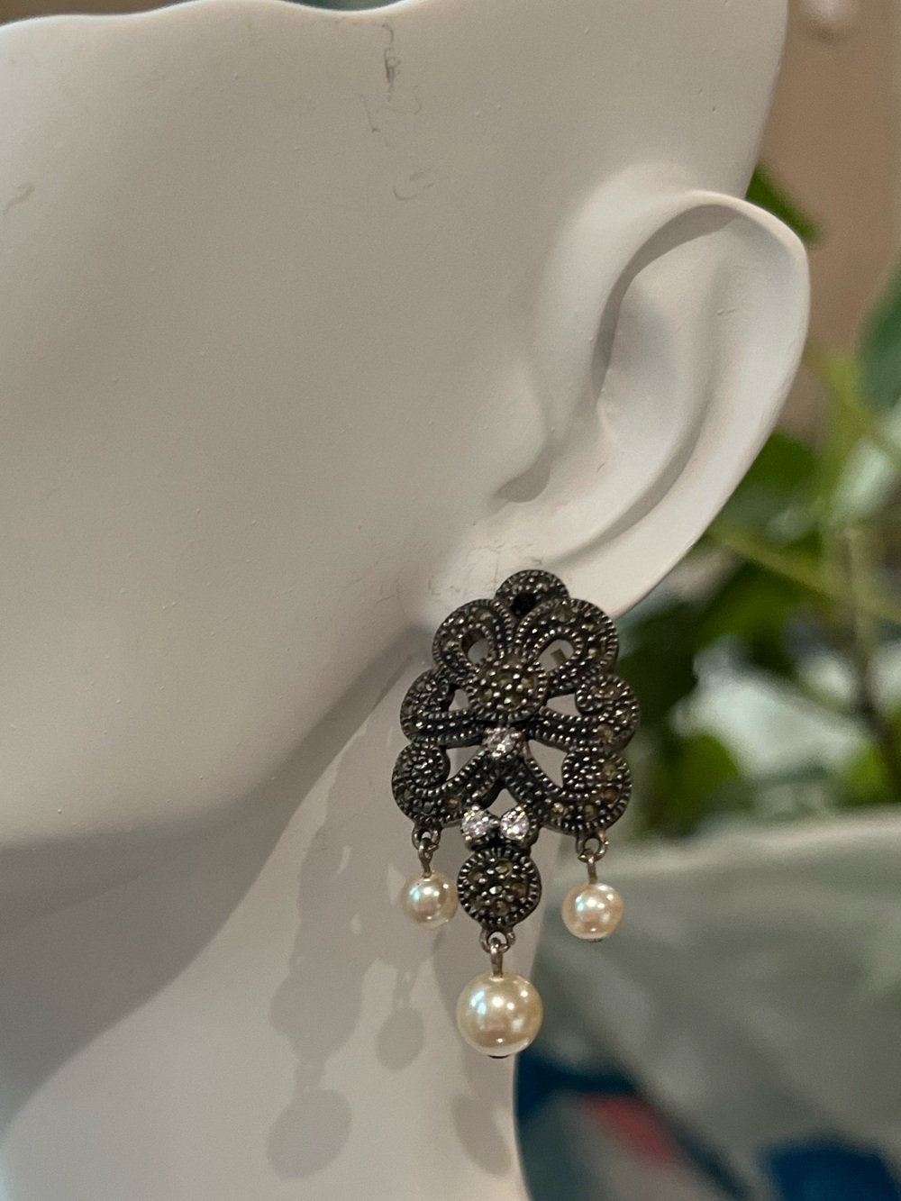 Judith Jack 925 Sterling Silver Marcasite Earrings Pearl Dangles + Rhinestones